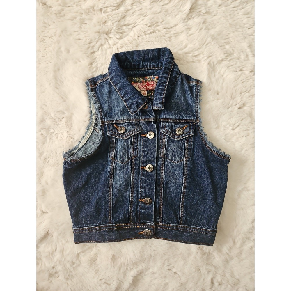 YMI Girls Denim Vest Size Large Dark Wash Frayed Cropped Jean Jacket Vest L